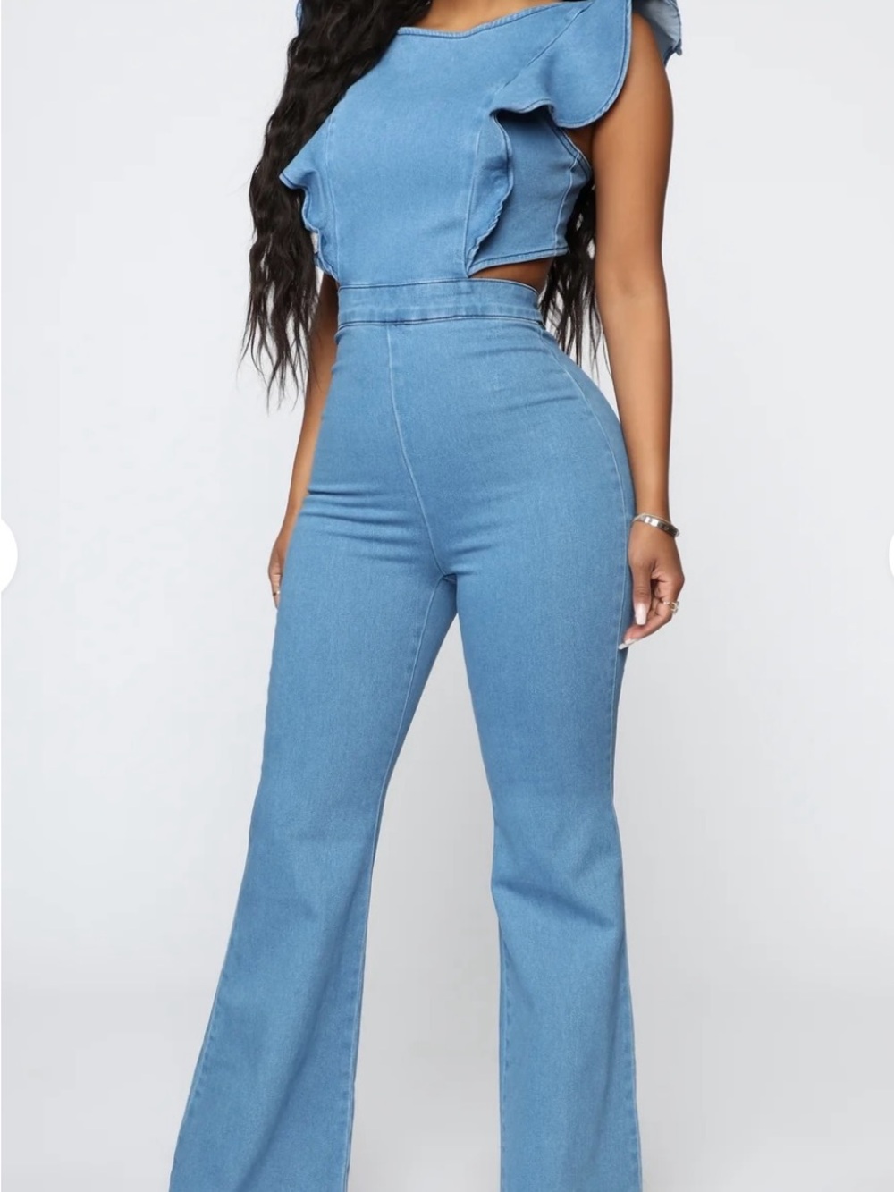 Fashion Nova Light Blue High-Waist Denim Jumpsuit with Flared Legs
